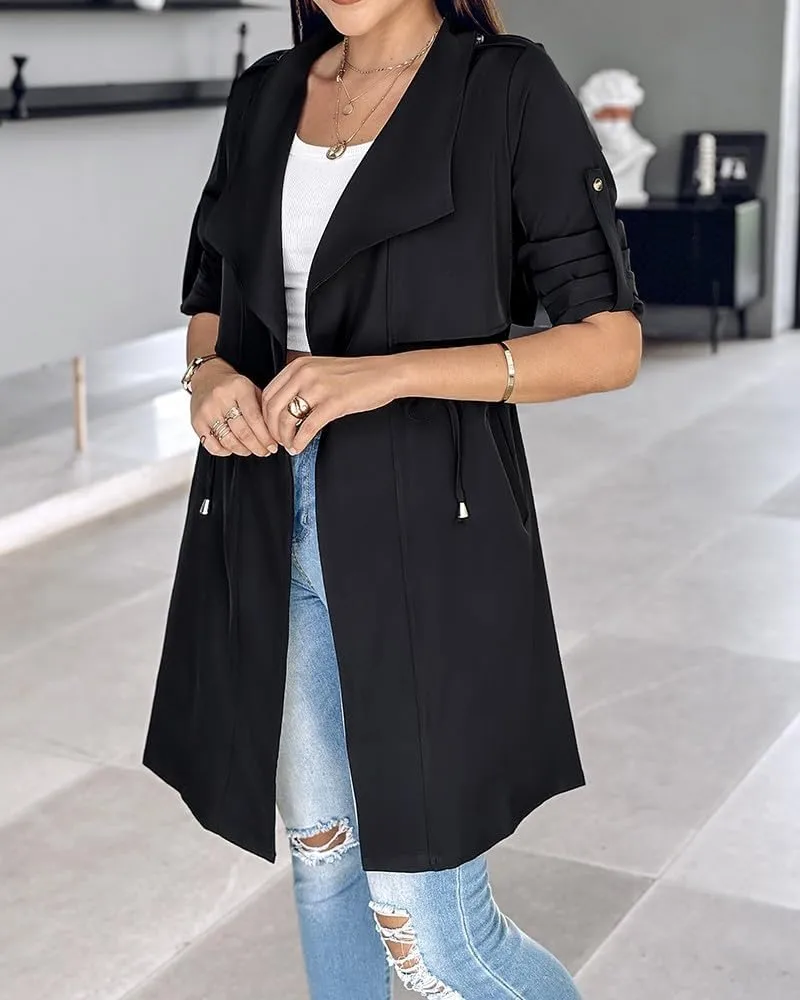 IVERIRMIN Womens Rolled-up Sleeve Draped Open Front Jacket Dressy Casual Lapel Drawstring Waist Blazer Trench Coats Outwear