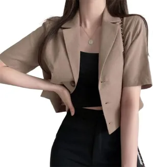 Kinghua Womens Cropped Linen Blazer Lightweight Summer Casual Short Sleeve Cotton Linen Jackets