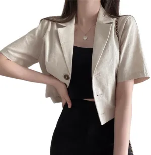 Kinghua Womens Cropped Linen Blazer Lightweight Summer Casual Short Sleeve Cotton Linen Jackets