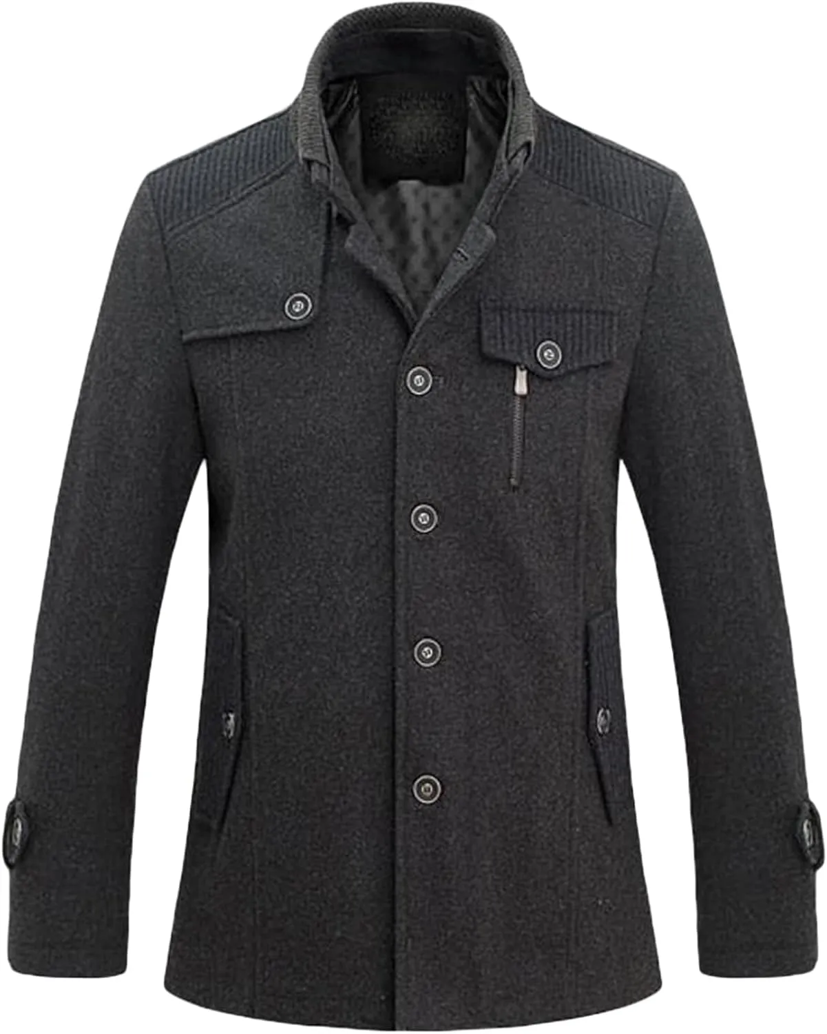 Maiyifu-GJ Men Stand Collar Wool Blend Pea Coat Stand Collar Military Jacket Single Breasted Trench Coats With Fleece Lined