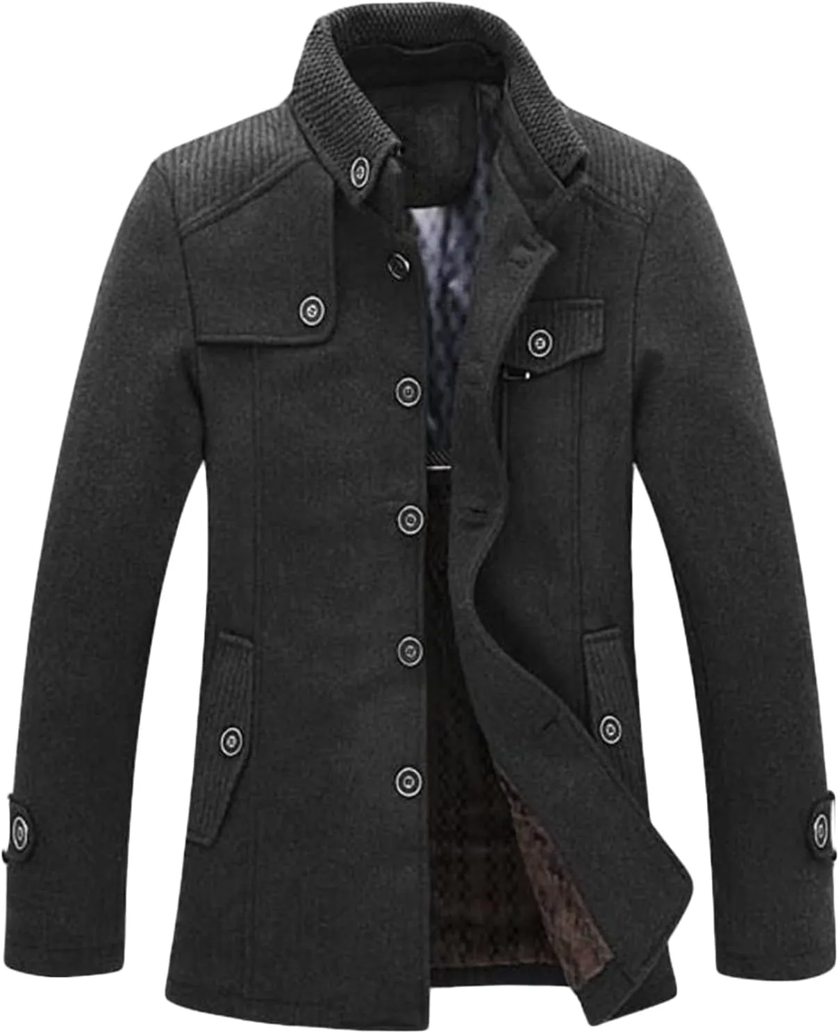 Maiyifu-GJ Men Stand Collar Wool Blend Pea Coat Stand Collar Military Jacket Single Breasted Trench Coats With Fleece Lined
