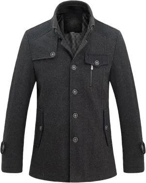 Maiyifu-GJ Men Stand Collar Wool Blend Pea Coat Stand Collar Military Jacket Single Breasted Trench Coats With Fleece Lined
