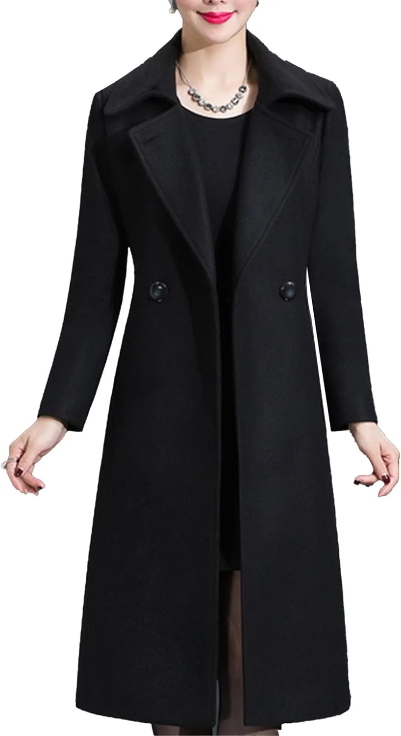 Maiyifu-GJ Women's Elegant Lapel Collar Coat Single Breasted Mid-Long Wool Blend Trench Coat Jackets Spring Fall Overcoat