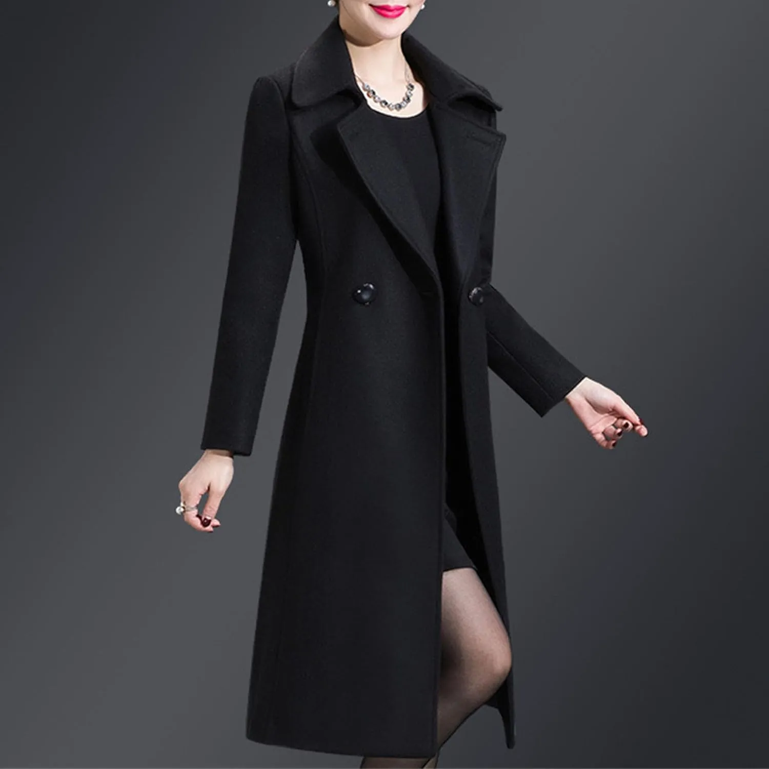 Maiyifu-GJ Women's Elegant Lapel Collar Coat Single Breasted Mid-Long Wool Blend Trench Coat Jackets Spring Fall Overcoat