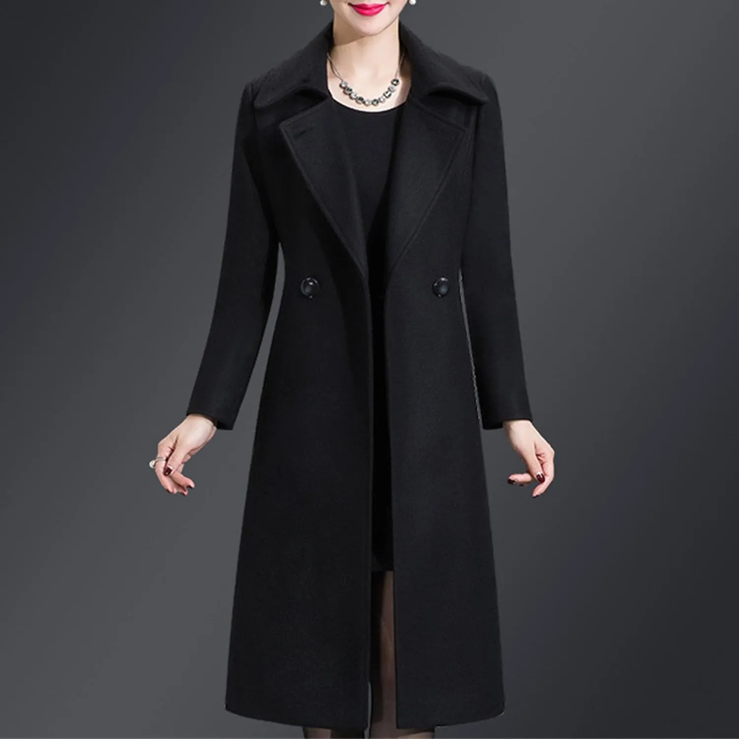 Maiyifu-GJ Women's Elegant Lapel Collar Coat Single Breasted Mid-Long Wool Blend Trench Coat Jackets Spring Fall Overcoat