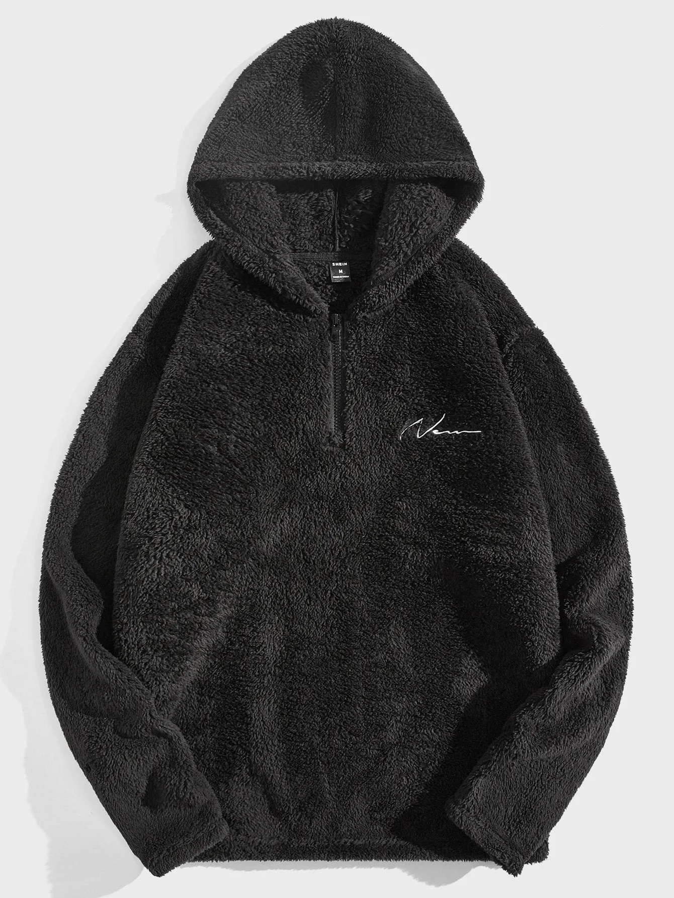 Manfinity UrbanChill Men Letter Embroidery Quarter Zip Coral Hoodie Fluffy Black Letter Long Sleeve Thick Casual Sherpa Hoodie, For Friends, Husband, Boyfriend Gifts
