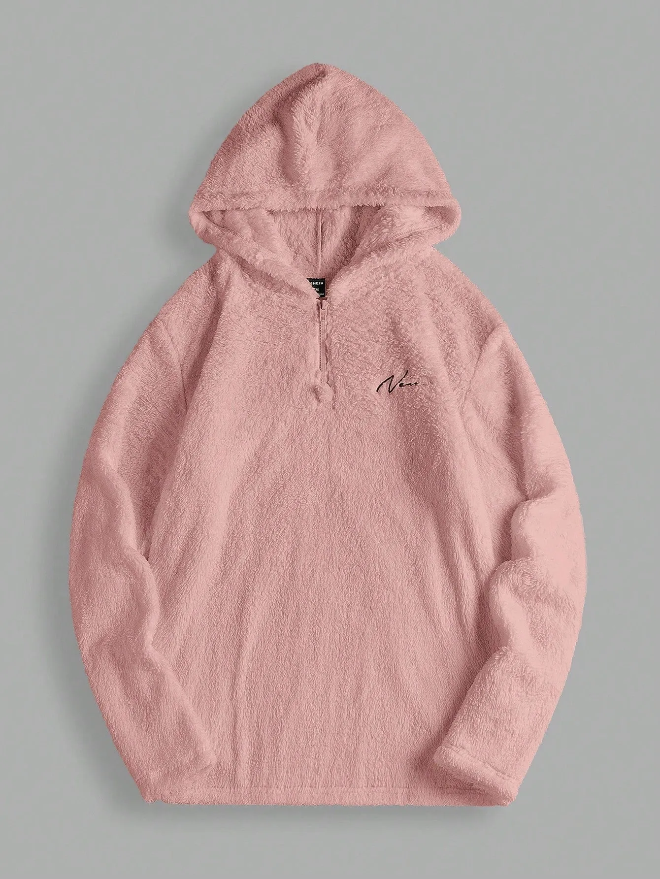 Manfinity UrbanChill Men Letter Embroidery Quarter Zip Coral Hoodie Fluffy Black Letter Long Sleeve Thick Casual Sherpa Hoodie, For Friends, Husband, Boyfriend Gifts