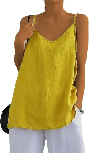Mayntop Women Camisole Cotton Linen Spaghetti Strap Cami Top Sleeveless V-Neck Solid Color Plain Loose Basic Tank