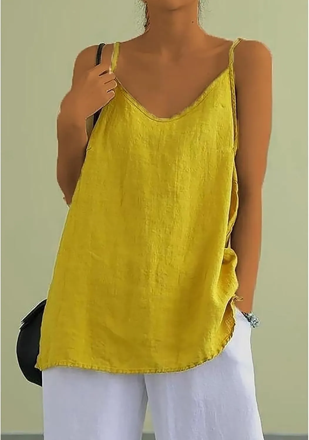 Mayntop Women Camisole Cotton Linen Spaghetti Strap Cami Top Sleeveless V-Neck Solid Color Plain Loose Basic Tank