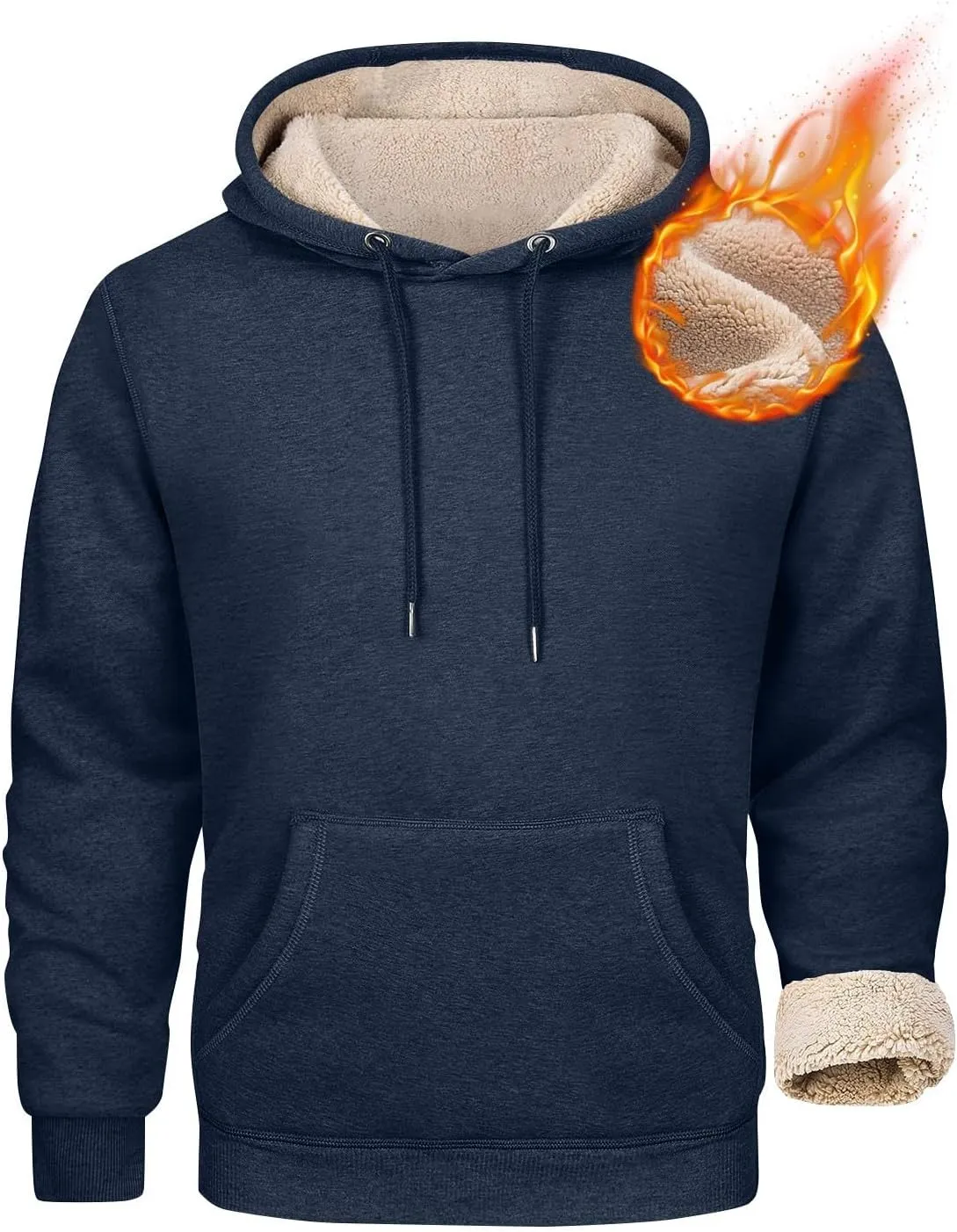 Mens Hoodies Winter Warm Pullover Long Sleeve Sherpa Hooded Sweatshirt Thick Plush Athletic Sweatshirts with Pockets