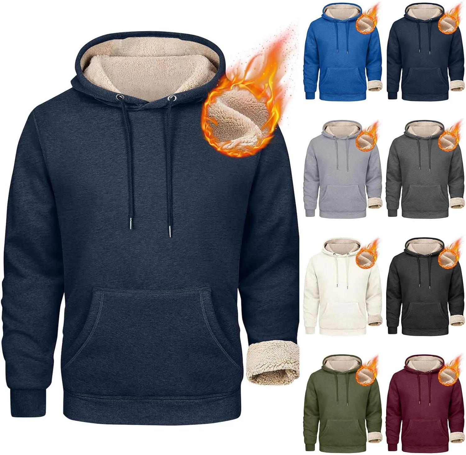 Mens Hoodies Winter Warm Pullover Long Sleeve Sherpa Hooded Sweatshirt Thick Plush Athletic Sweatshirts with Pockets