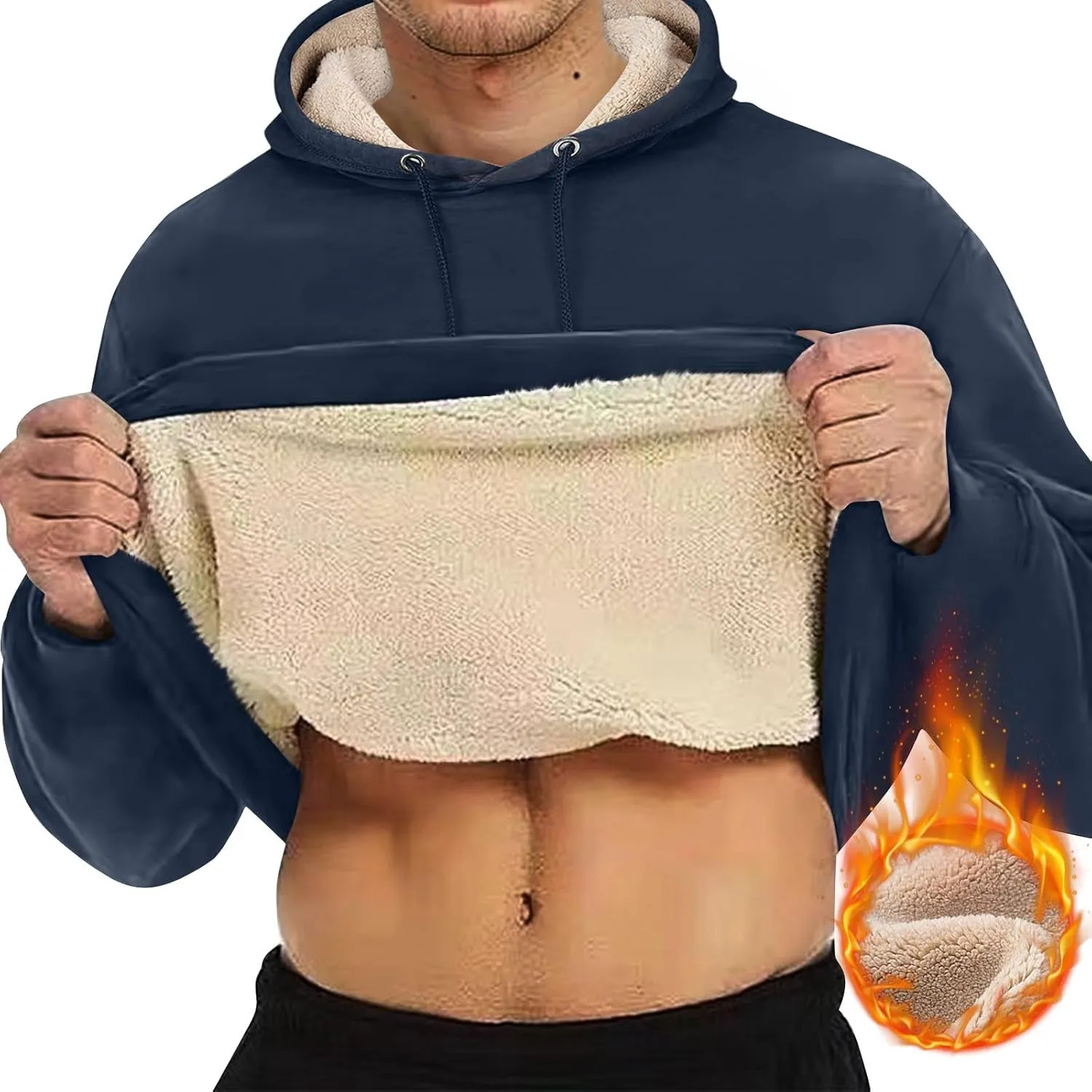 Mens Hoodies Winter Warm Pullover Long Sleeve Sherpa Hooded Sweatshirt Thick Plush Athletic Sweatshirts with Pockets