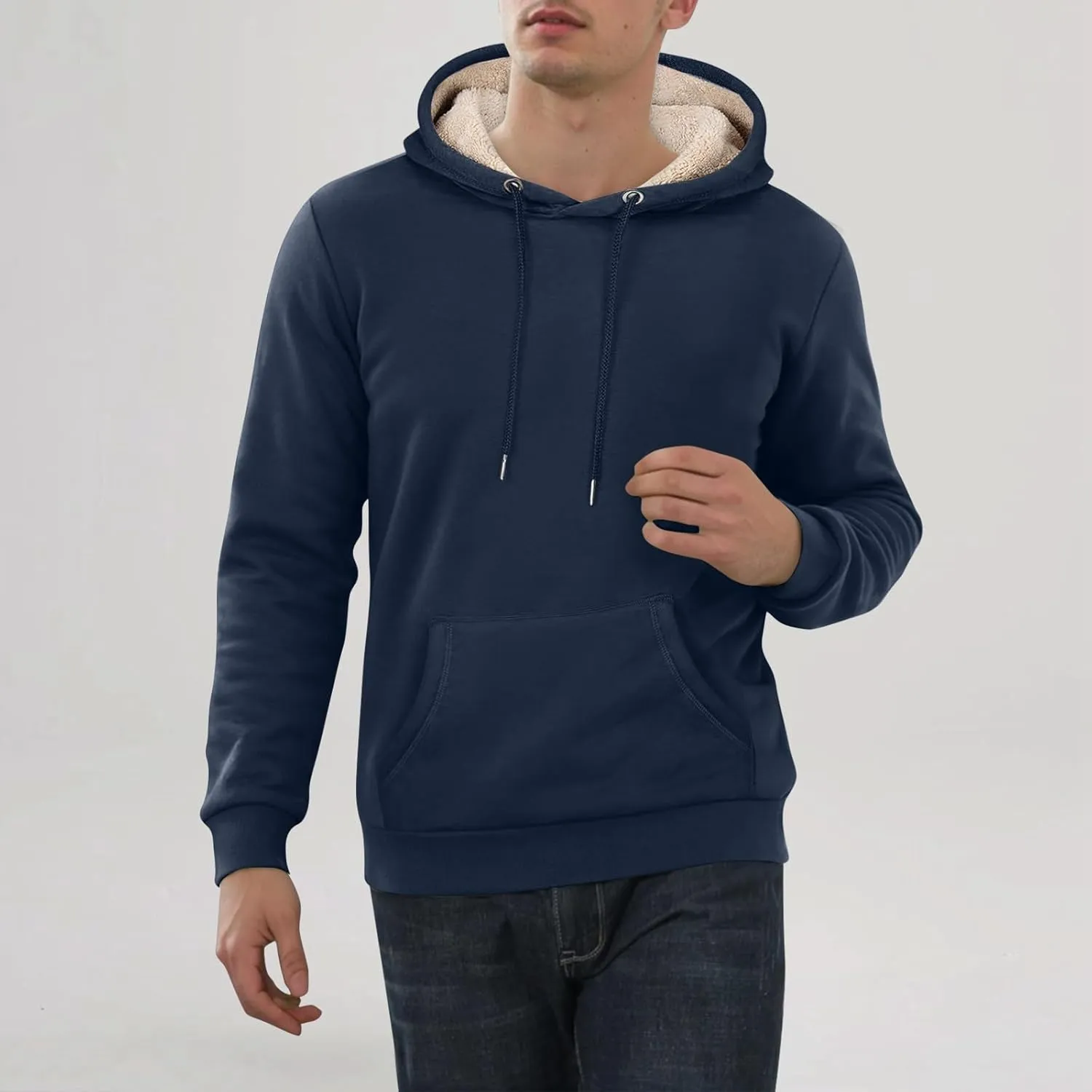 Mens Hoodies Winter Warm Pullover Long Sleeve Sherpa Hooded Sweatshirt Thick Plush Athletic Sweatshirts with Pockets