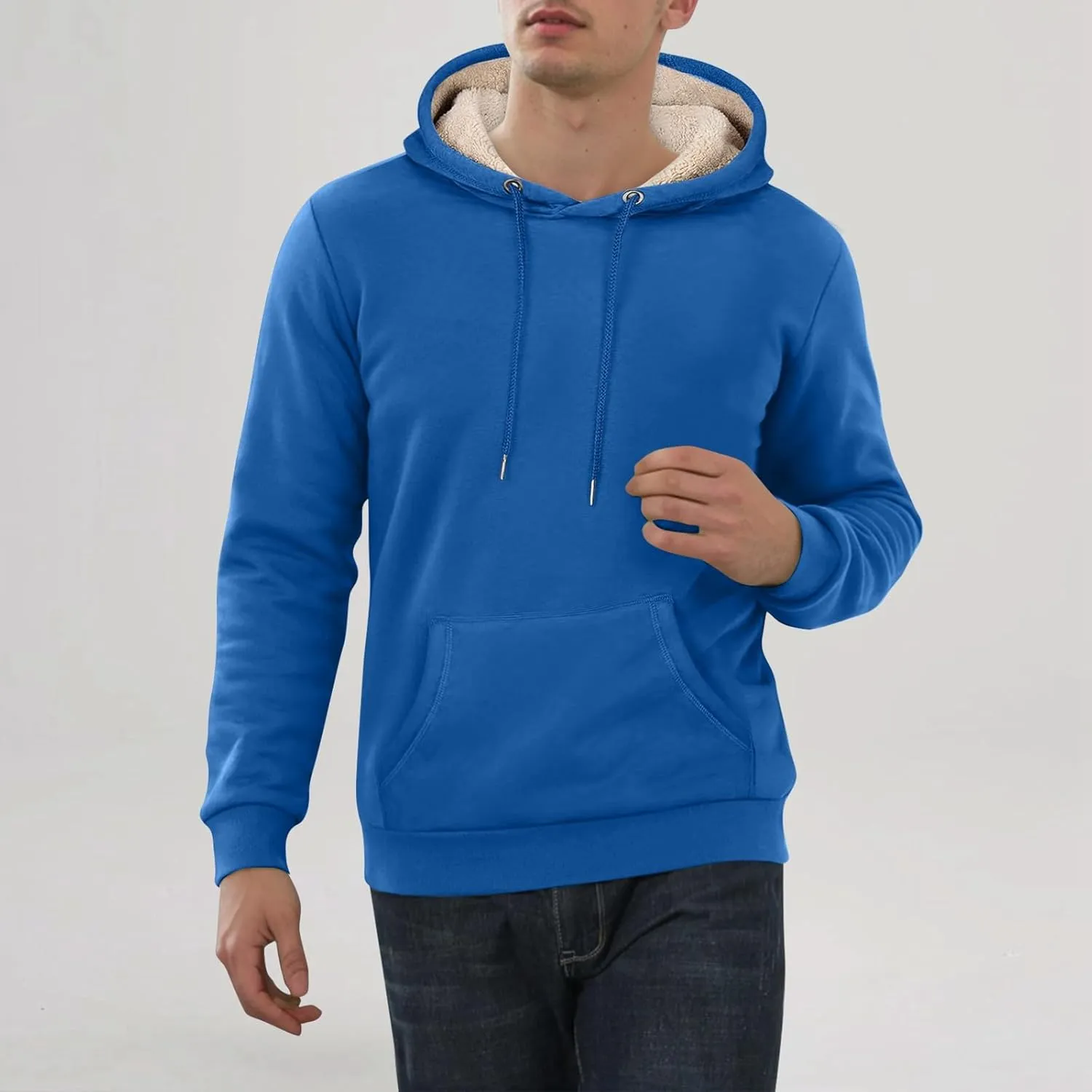 Mens Hoodies Winter Warm Pullover Long Sleeve Sherpa Hooded Sweatshirt Thick Plush Athletic Sweatshirts with Pockets