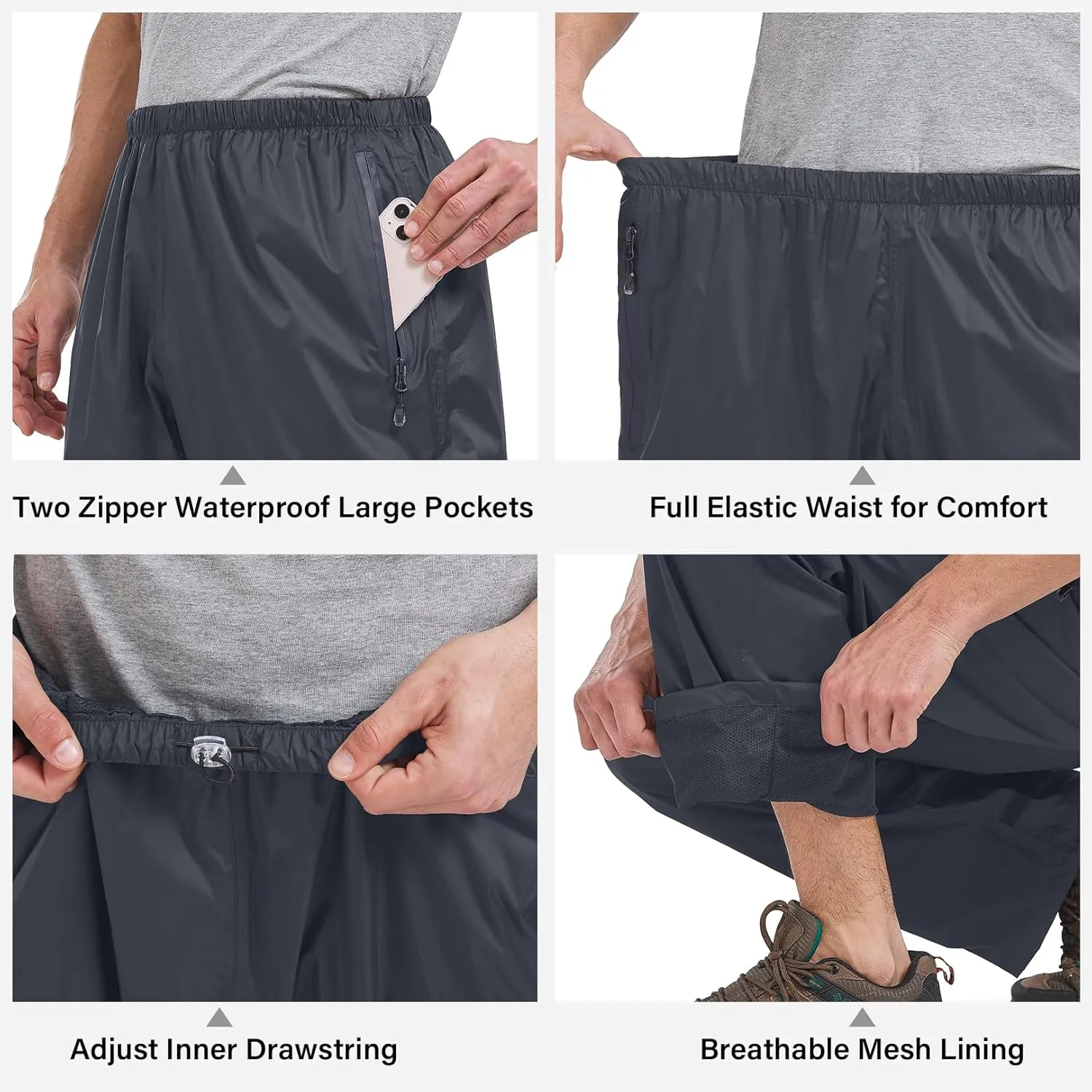 Men's Rain Pants Waterproof Windproof Hiking Rain Over Pants for Outdoor Fishing Golf Motorcycle Cycling