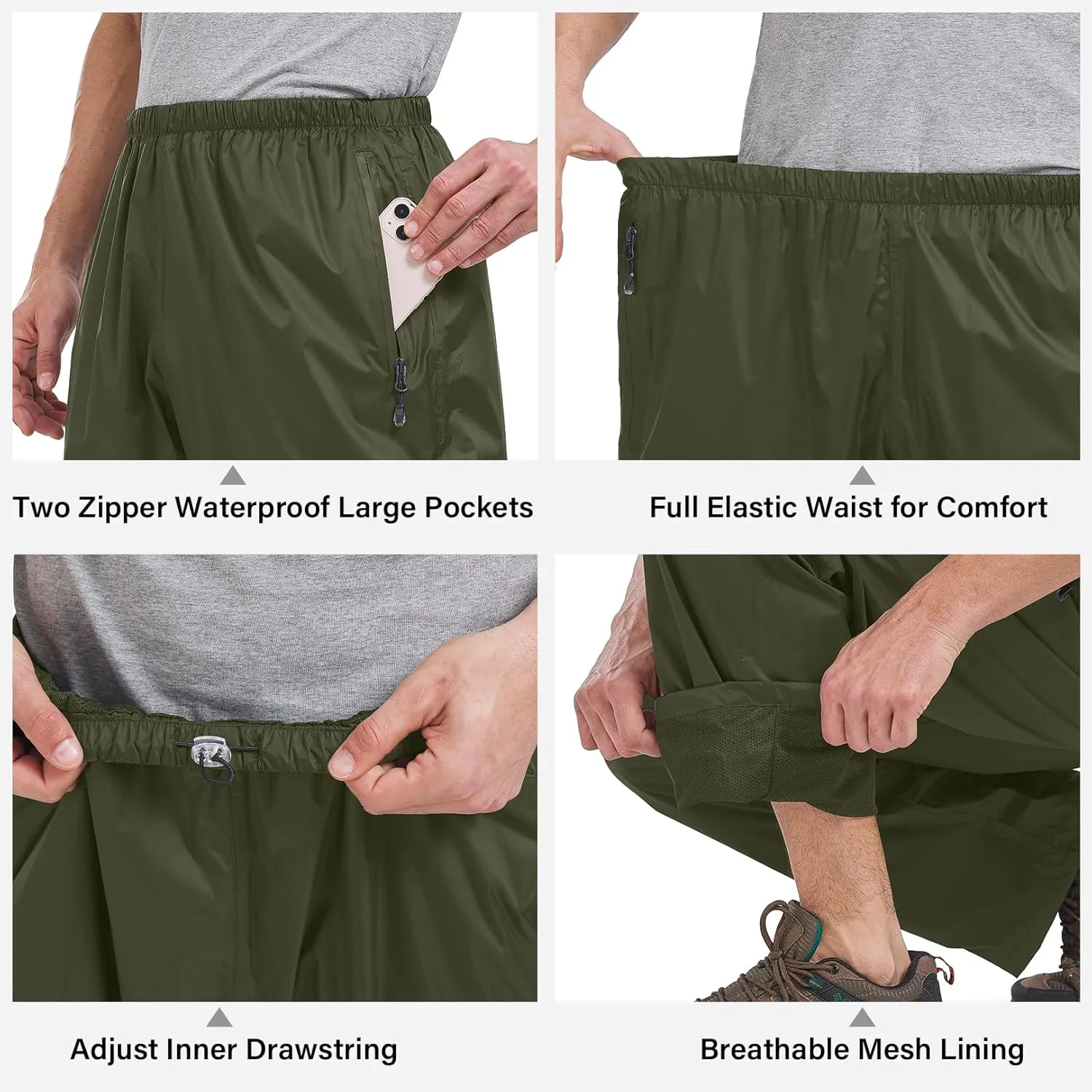 Men's Rain Pants Waterproof Windproof Hiking Rain Over Pants for Outdoor Fishing Golf Motorcycle Cycling