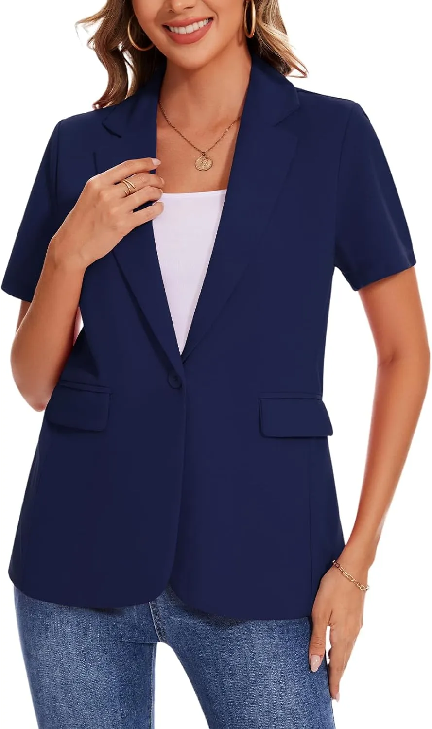 MINTLIMIT Women Short Sleeve Blazer Lightweight Button Front Business Jacket Notched Lapel Work Office Blazers with Pockets