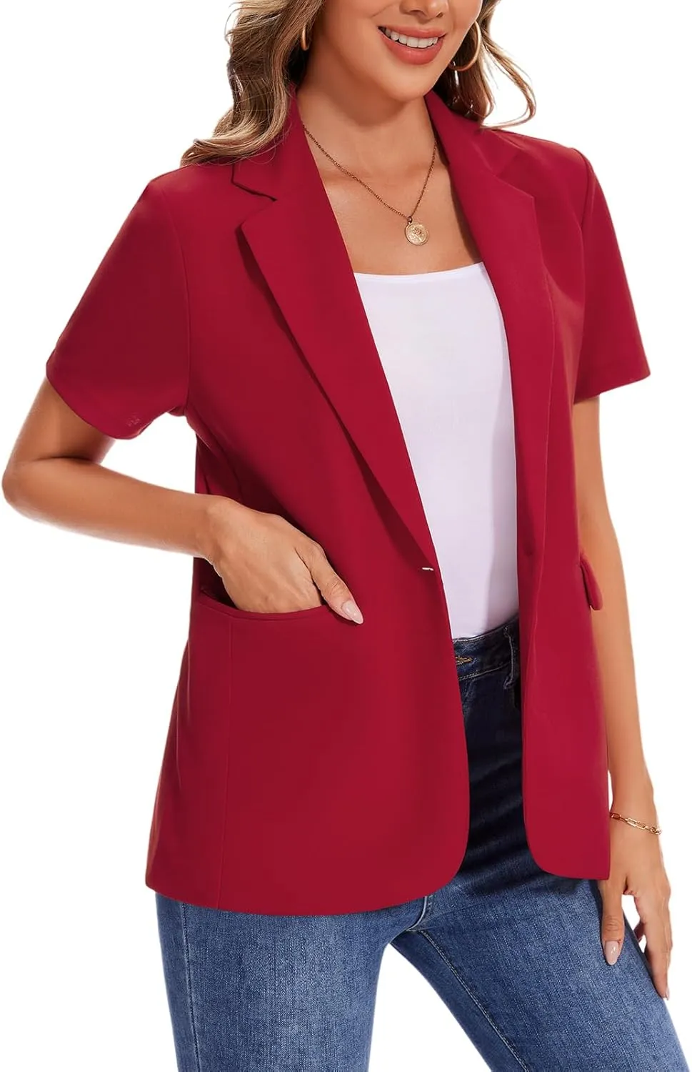 MINTLIMIT Women Short Sleeve Blazer Lightweight Button Front Business Jacket Notched Lapel Work Office Blazers with Pockets