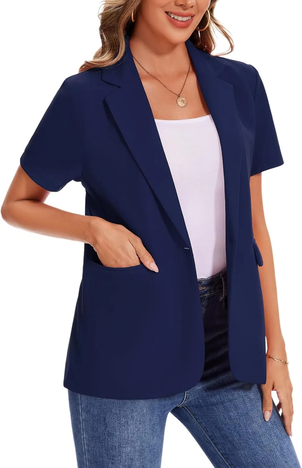 MINTLIMIT Women Short Sleeve Blazer Lightweight Button Front Business Jacket Notched Lapel Work Office Blazers with Pockets