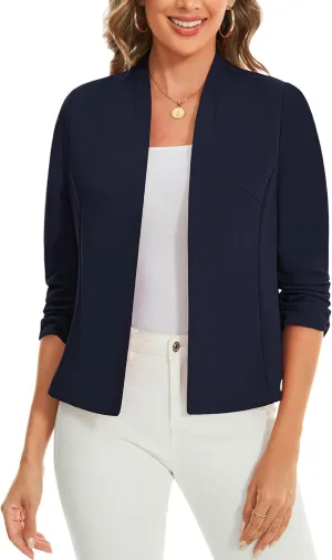 MINTLIMIT Women's Collarless Blazer Ruched 3/4 Sleeve Open Front Business Work Office Jacket Blazers