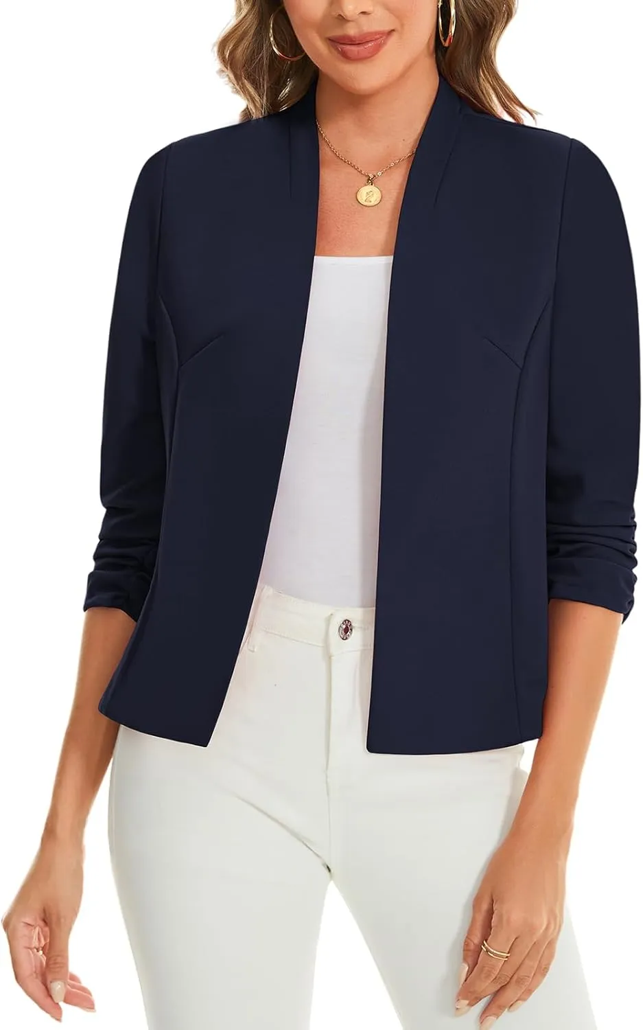 MINTLIMIT Women's Collarless Blazer Ruched 3/4 Sleeve Open Front Business Work Office Jacket Blazers
