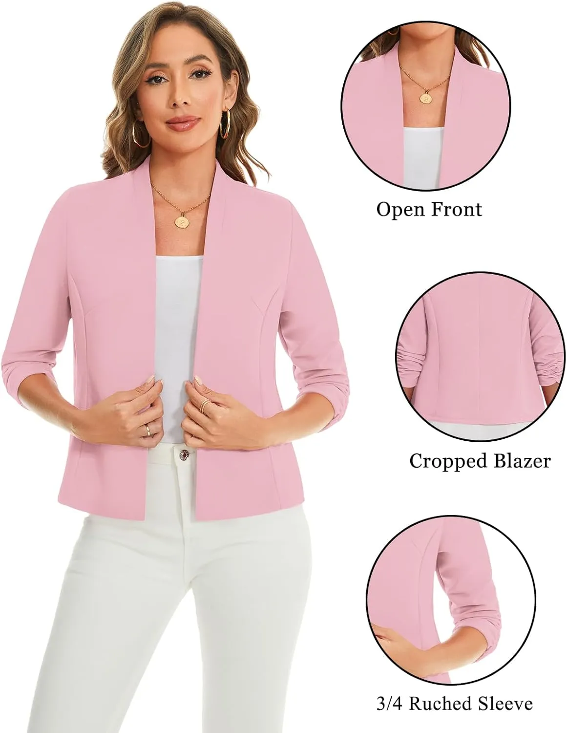 MINTLIMIT Women's Collarless Blazer Ruched 3/4 Sleeve Open Front Business Work Office Jacket Blazers