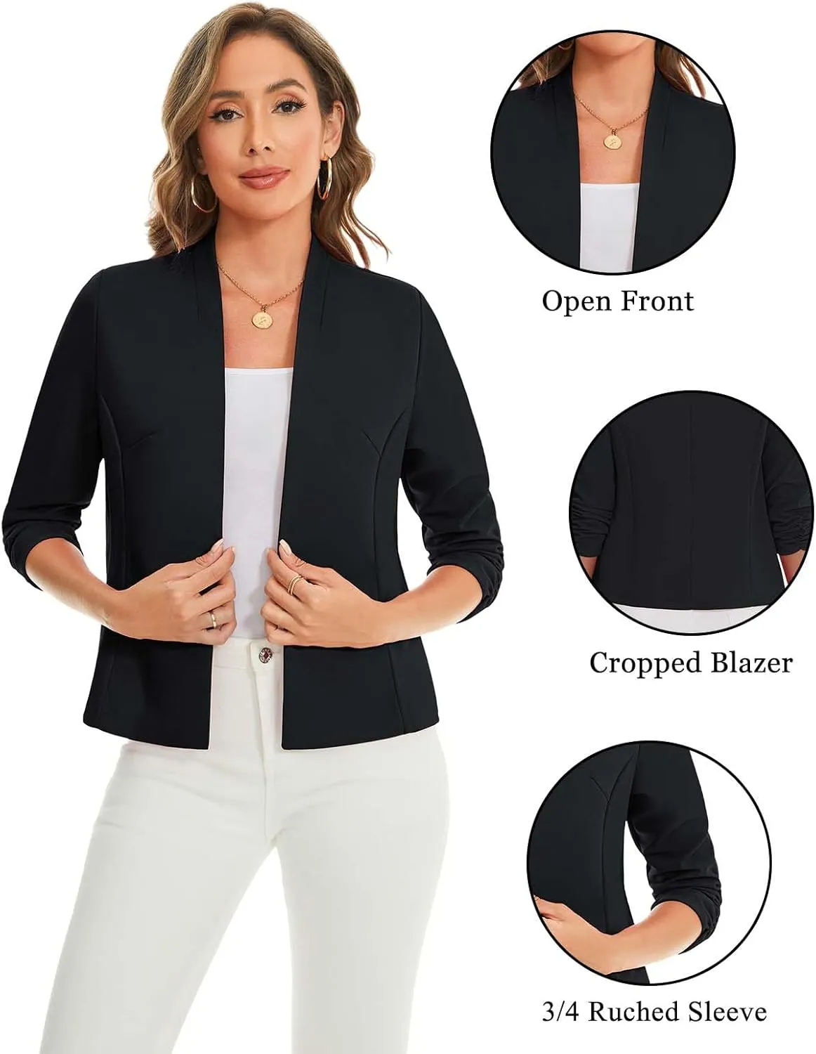 MINTLIMIT Women's Collarless Blazer Ruched 3/4 Sleeve Open Front Business Work Office Jacket Blazers