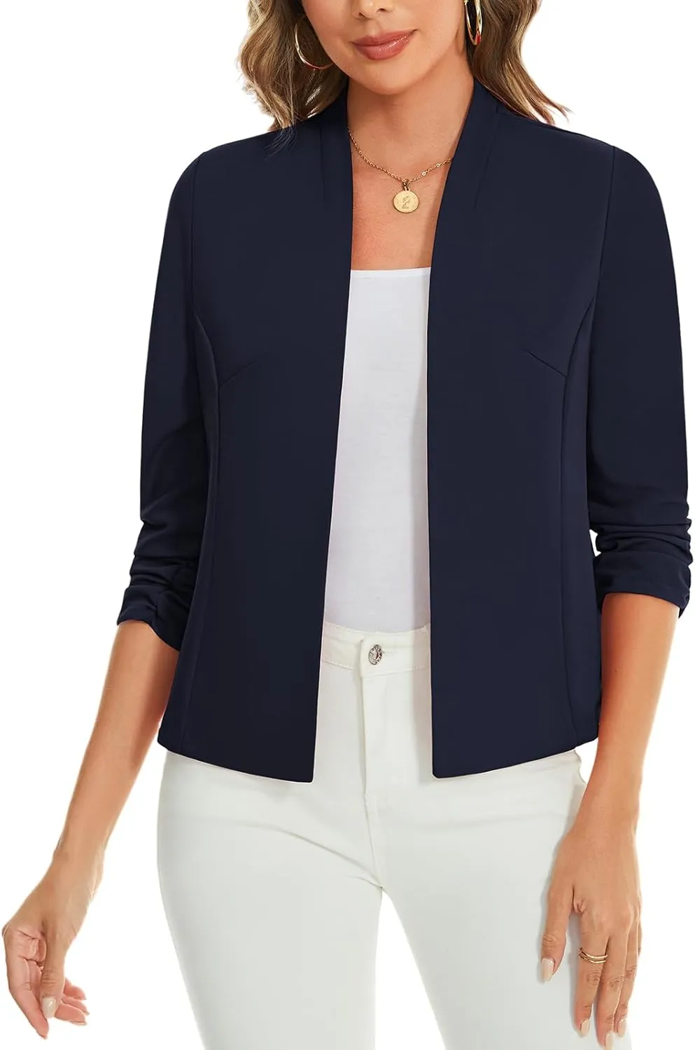 MINTLIMIT Women's Collarless Blazer Ruched 3/4 Sleeve Open Front Business Work Office Jacket Blazers