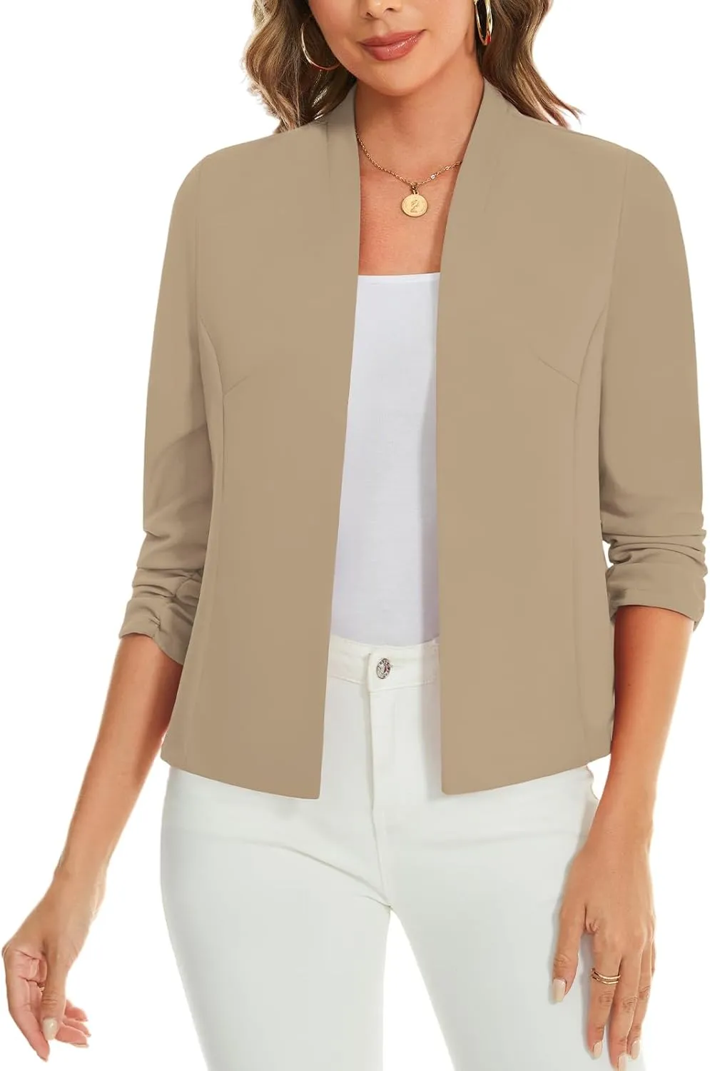 MINTLIMIT Women's Collarless Blazer Ruched 3/4 Sleeve Open Front Business Work Office Jacket Blazers