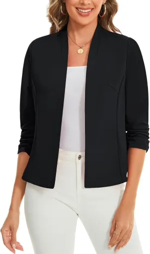 MINTLIMIT Women's Collarless Blazer Ruched 3/4 Sleeve Open Front Business Work Office Jacket Blazers