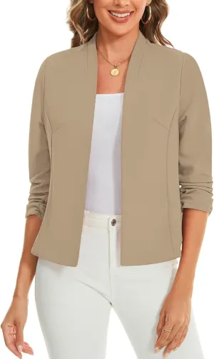 MINTLIMIT Women's Collarless Blazer Ruched 3/4 Sleeve Open Front Business Work Office Jacket Blazers
