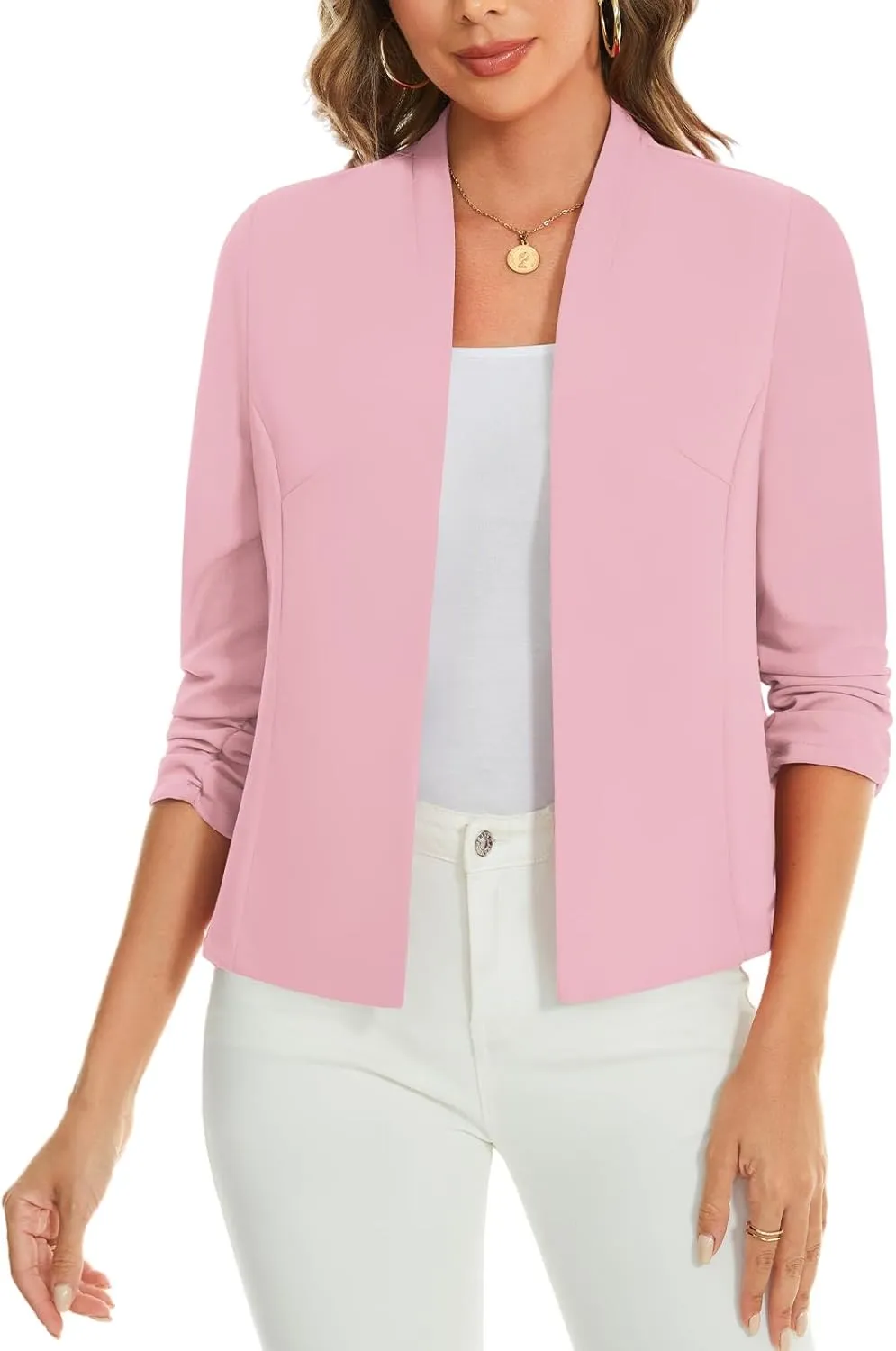 MINTLIMIT Women's Collarless Blazer Ruched 3/4 Sleeve Open Front Business Work Office Jacket Blazers
