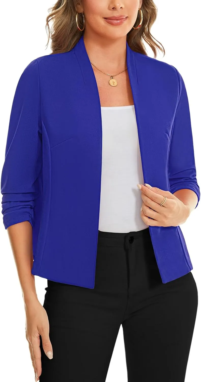 MINTLIMIT Women's Collarless Blazer Ruched 3/4 Sleeve Open Front Business Work Office Jacket Blazers
