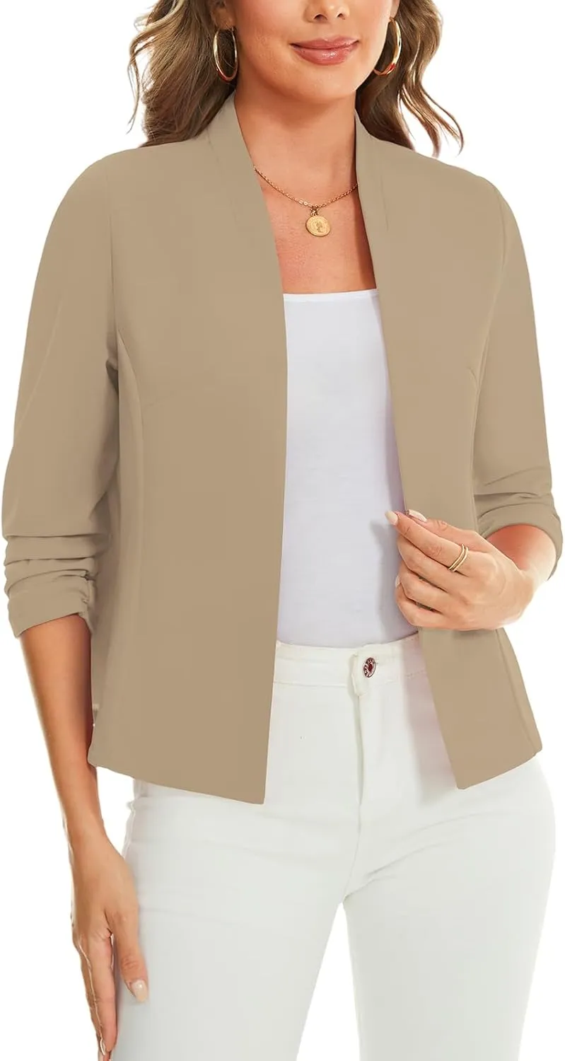 MINTLIMIT Women's Collarless Blazer Ruched 3/4 Sleeve Open Front Business Work Office Jacket Blazers