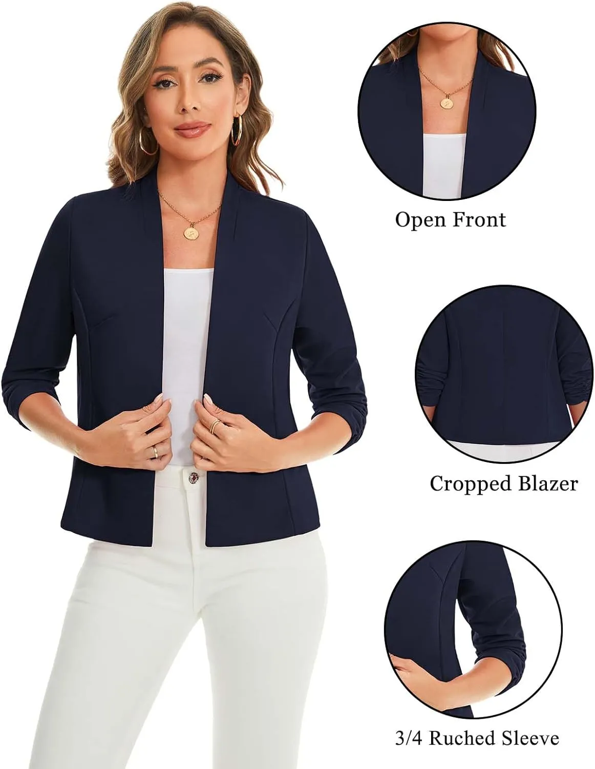 MINTLIMIT Women's Collarless Blazer Ruched 3/4 Sleeve Open Front Business Work Office Jacket Blazers