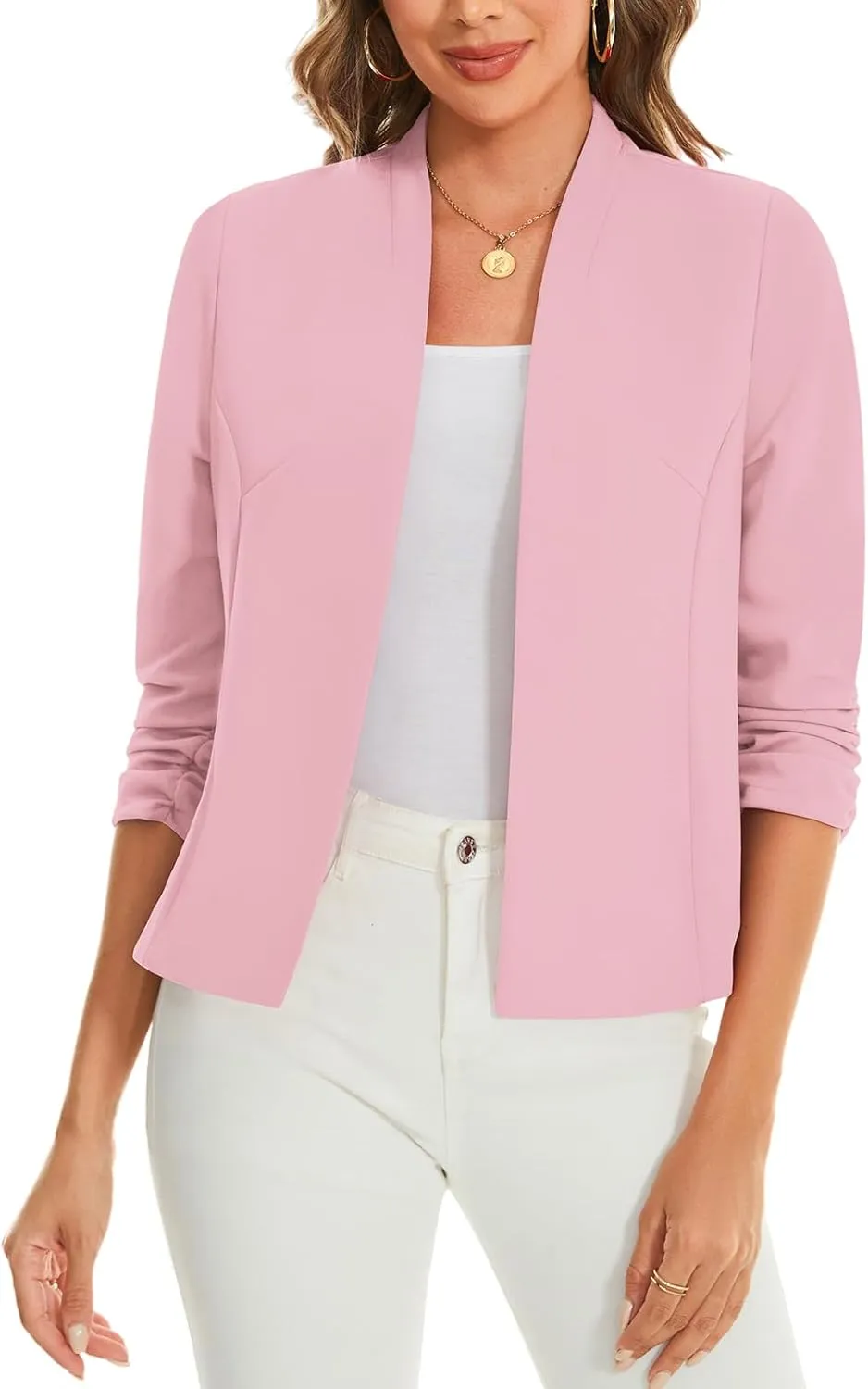 MINTLIMIT Women's Collarless Blazer Ruched 3/4 Sleeve Open Front Business Work Office Jacket Blazers