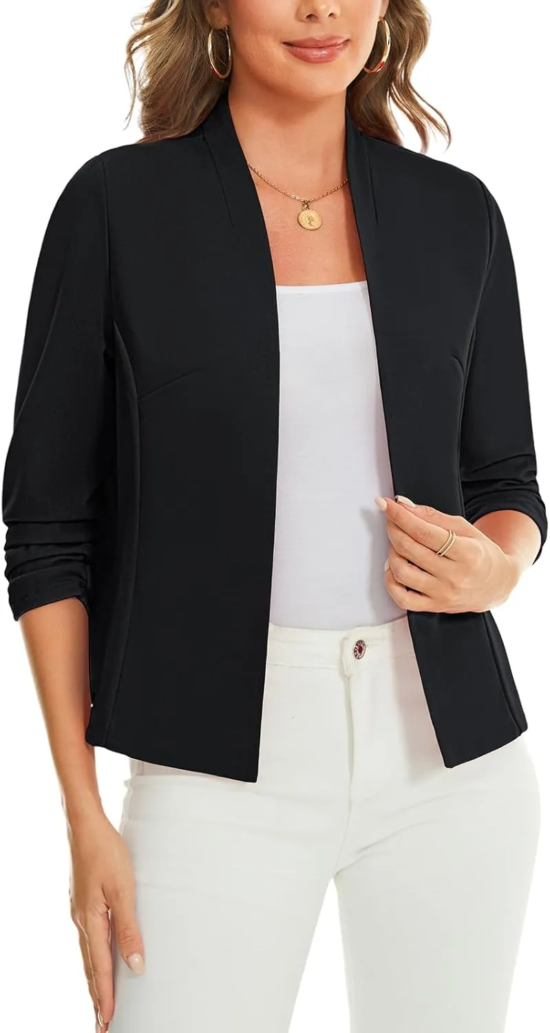 MINTLIMIT Women's Collarless Blazer Ruched 3/4 Sleeve Open Front Business Work Office Jacket Blazers