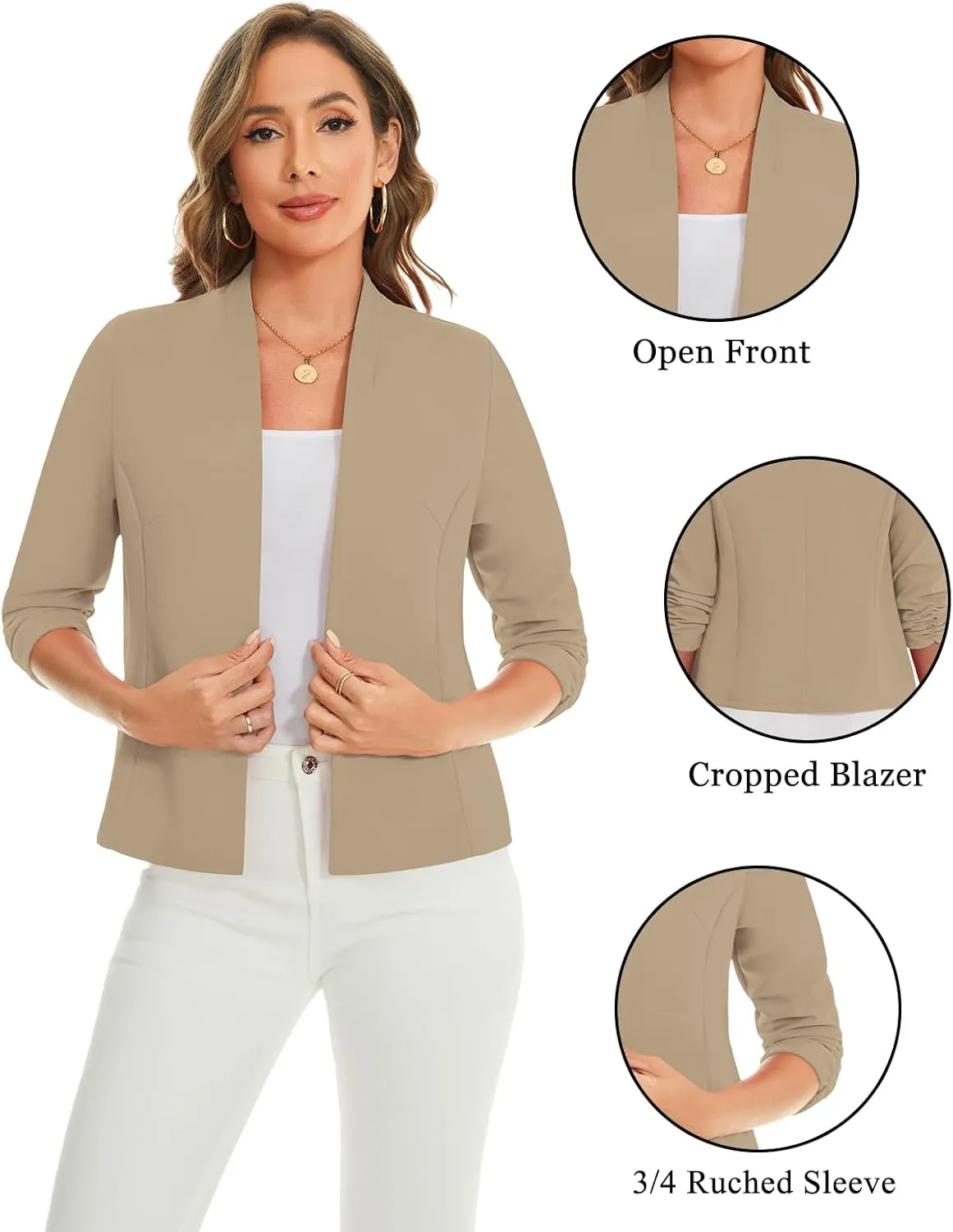 MINTLIMIT Women's Collarless Blazer Ruched 3/4 Sleeve Open Front Business Work Office Jacket Blazers