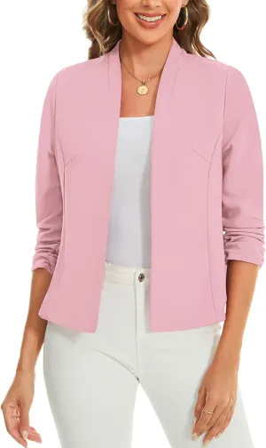MINTLIMIT Women's Collarless Blazer Ruched 3/4 Sleeve Open Front Business Work Office Jacket Blazers