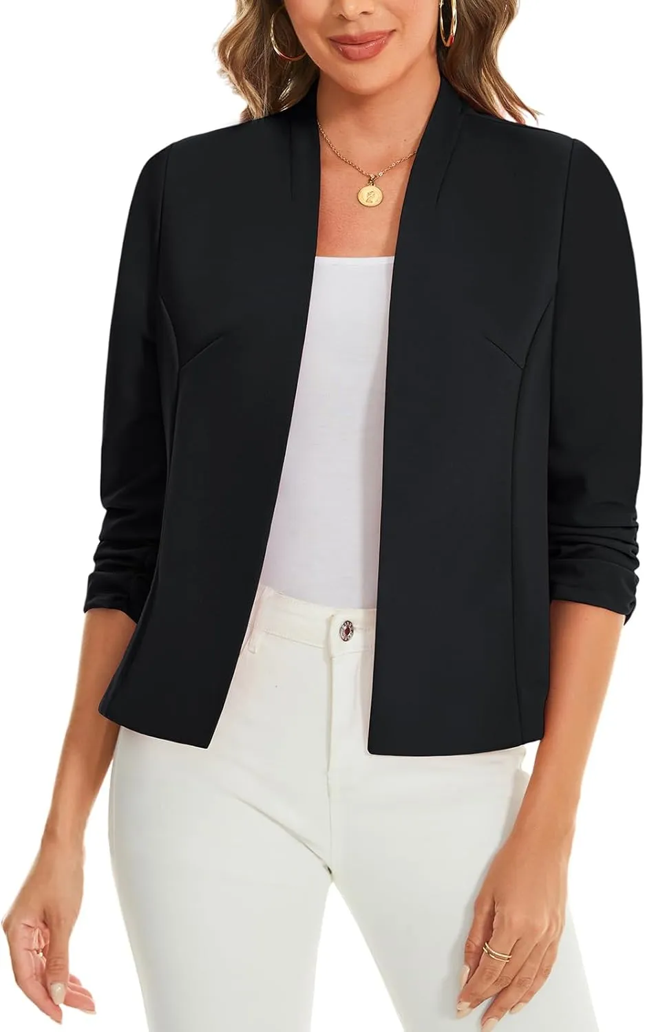 MINTLIMIT Women's Collarless Blazer Ruched 3/4 Sleeve Open Front Business Work Office Jacket Blazers