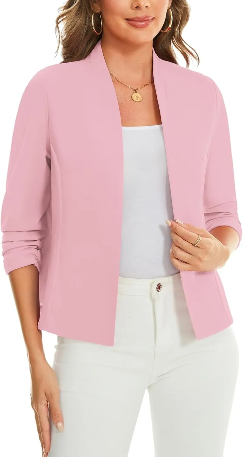 MINTLIMIT Women's Collarless Blazer Ruched 3/4 Sleeve Open Front Business Work Office Jacket Blazers