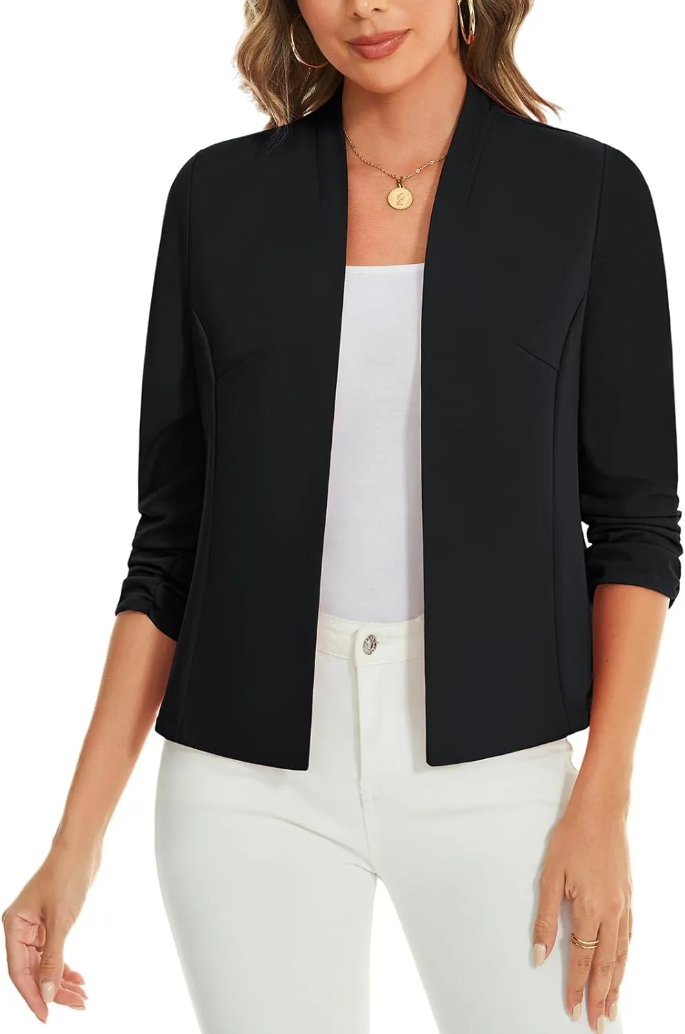 MINTLIMIT Women's Collarless Blazer Ruched 3/4 Sleeve Open Front Business Work Office Jacket Blazers