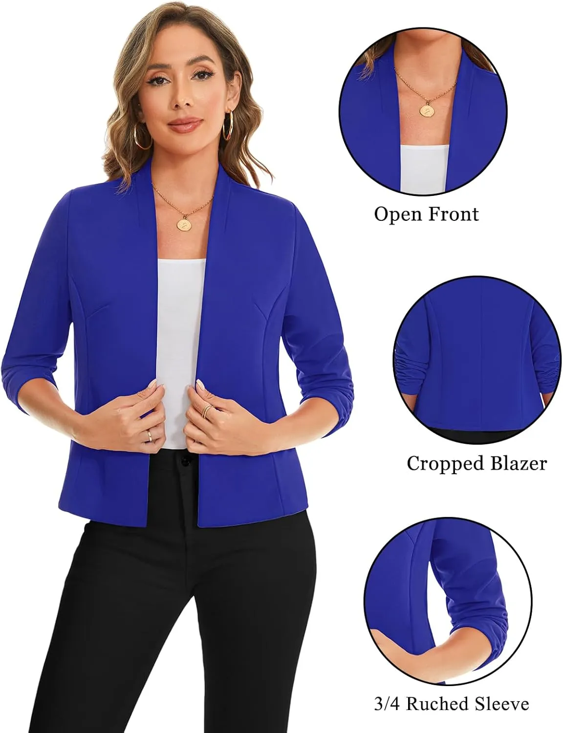 MINTLIMIT Women's Collarless Blazer Ruched 3/4 Sleeve Open Front Business Work Office Jacket Blazers