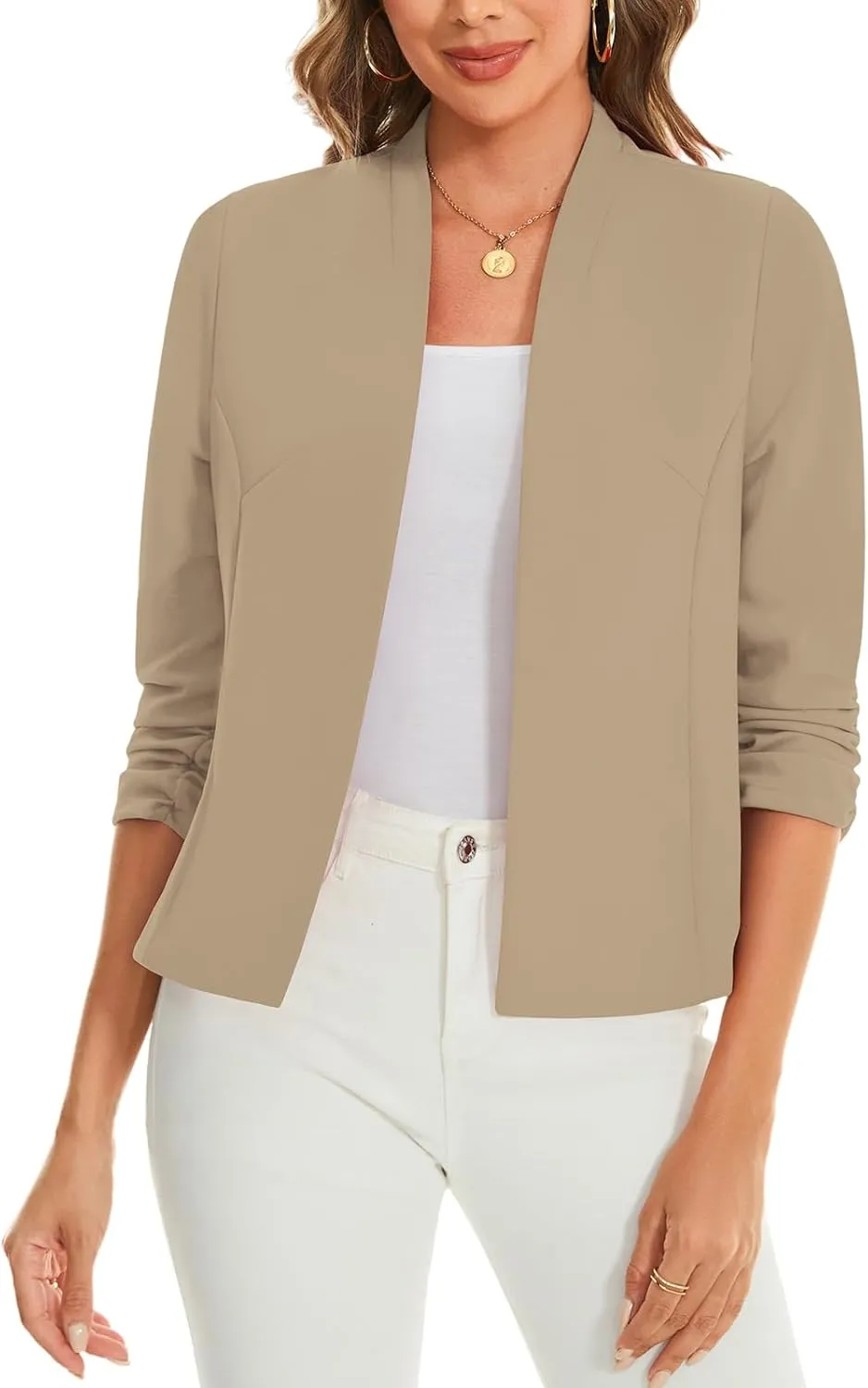 MINTLIMIT Women's Collarless Blazer Ruched 3/4 Sleeve Open Front Business Work Office Jacket Blazers