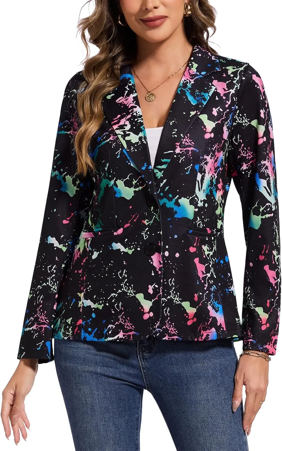 MINTLIMIT Women's Graphic Print Blazer Casual Long Sleeve Notch Lapel Button Open Front Colorful Jacket Blazers with Pockets