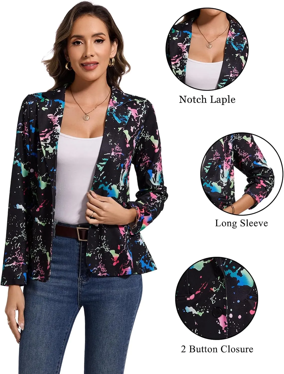 MINTLIMIT Women's Graphic Print Blazer Casual Long Sleeve Notch Lapel Button Open Front Colorful Jacket Blazers with Pockets