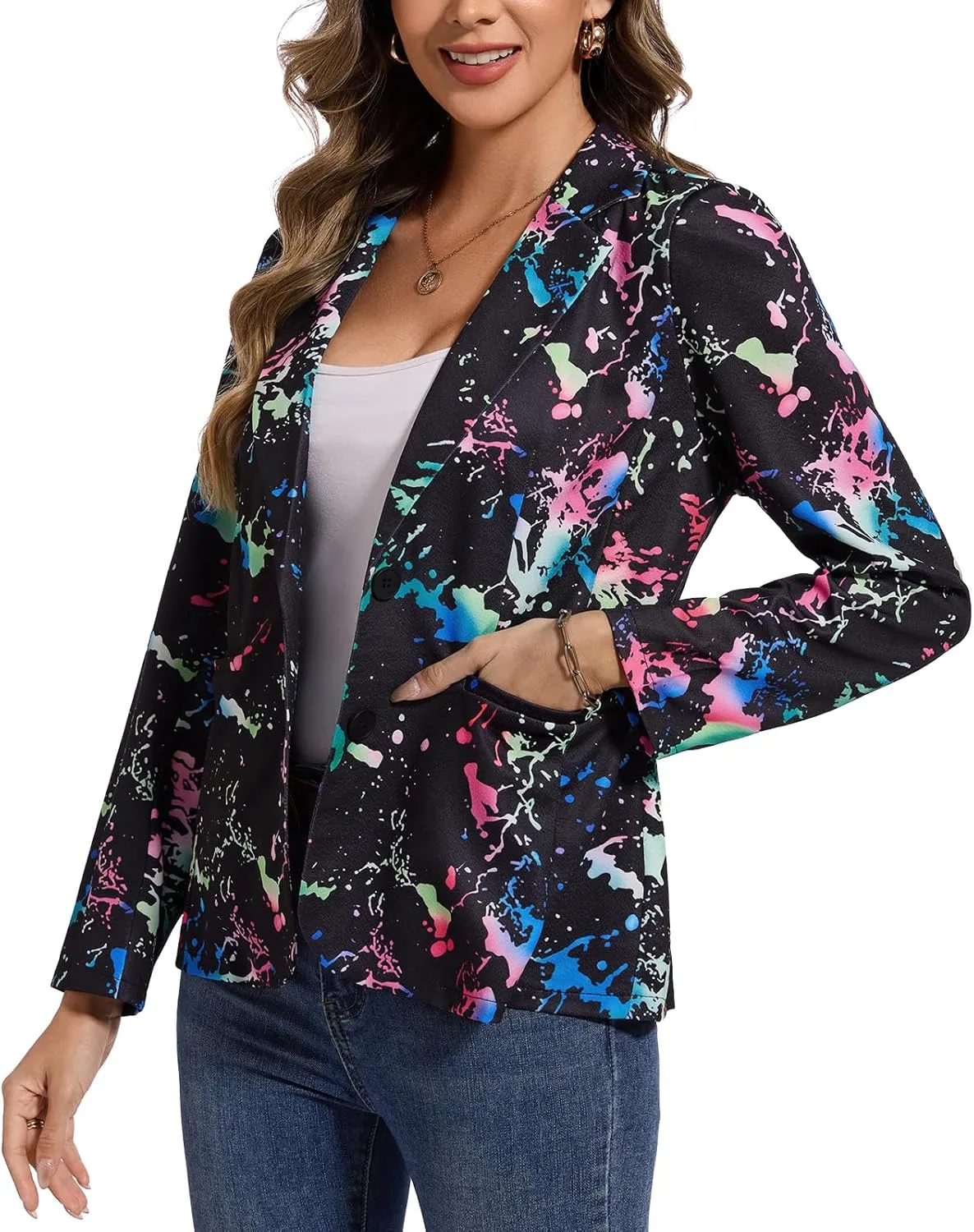 MINTLIMIT Women's Graphic Print Blazer Casual Long Sleeve Notch Lapel Button Open Front Colorful Jacket Blazers with Pockets