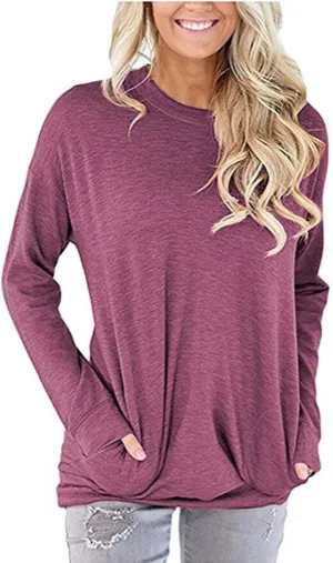 Muyise Womens Casual Long Sleeve Tunic Tops Solid Color Crew Neck Comfy Pullover Sweatshirts Loose Fit Blouses with Pockets