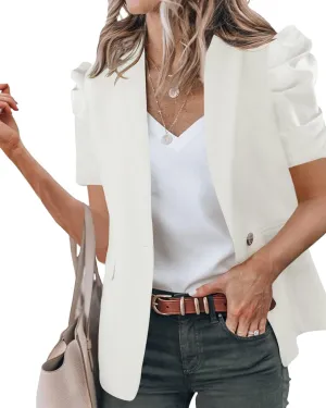 Newffr Womens Summer Blazers Casual Short Puff Sleeve Open Front Office Blazers Bussiness Jackets Work Suit