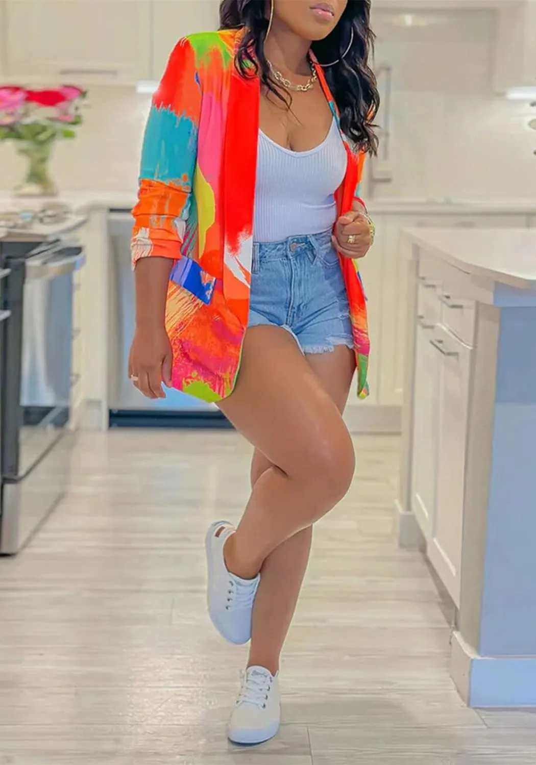 NRTHYE Womens Casual Blazer Jacket Multicolor Long Sleeve Open Front Work Office Blazer Jacket